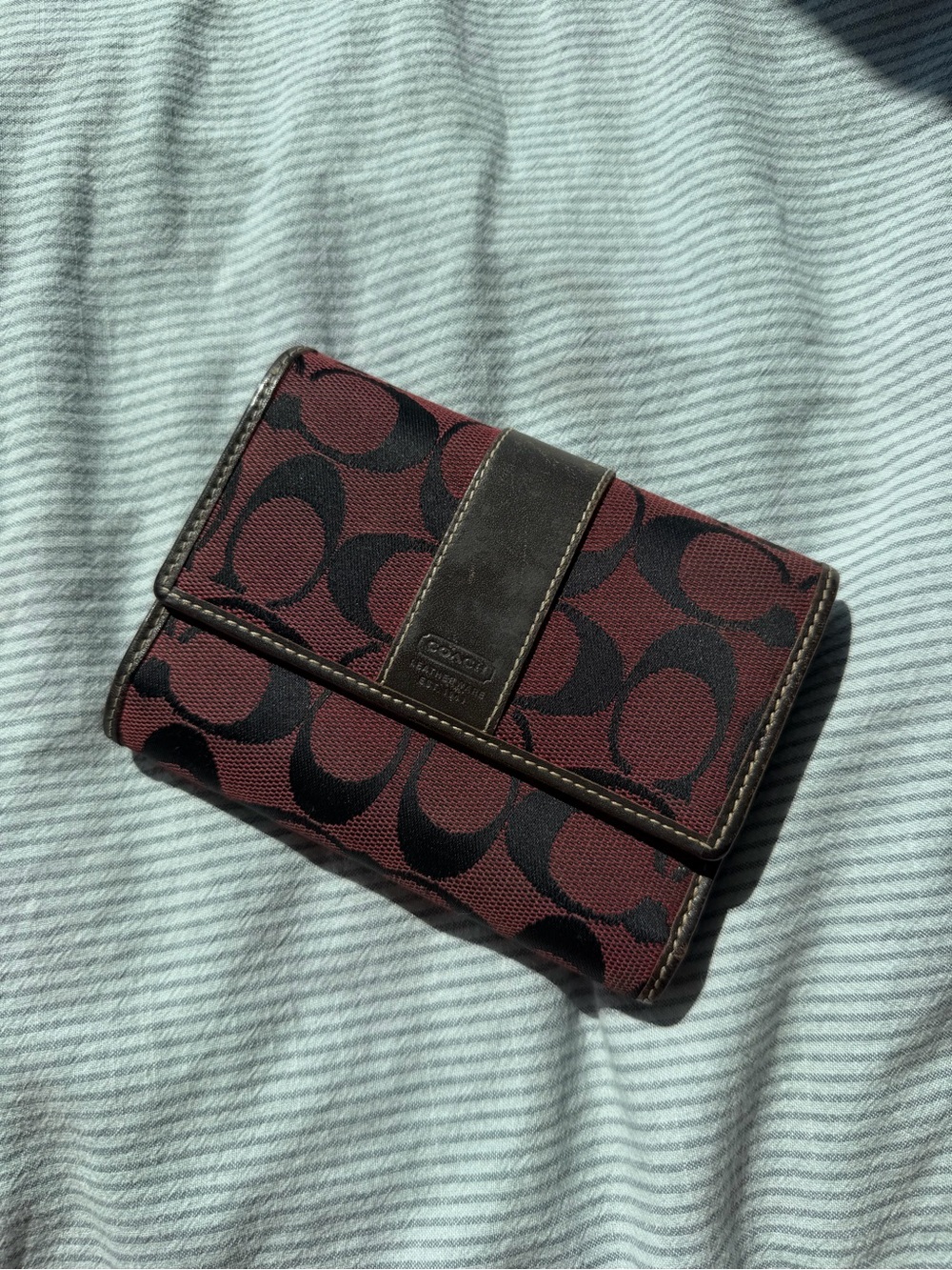 Coach Signature Trifold Wallet in Burgundy and Brown
